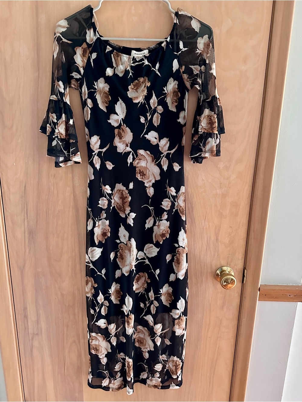 Monteau Black Midi Dress with Brown Floral Print